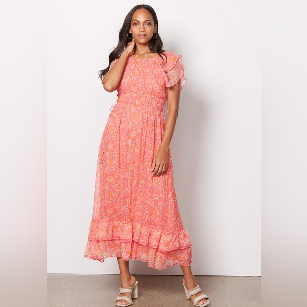 Cleobella Coral Yellow Floral Hannah Maxi Dress Flutter Sleeves NEW Spring Small